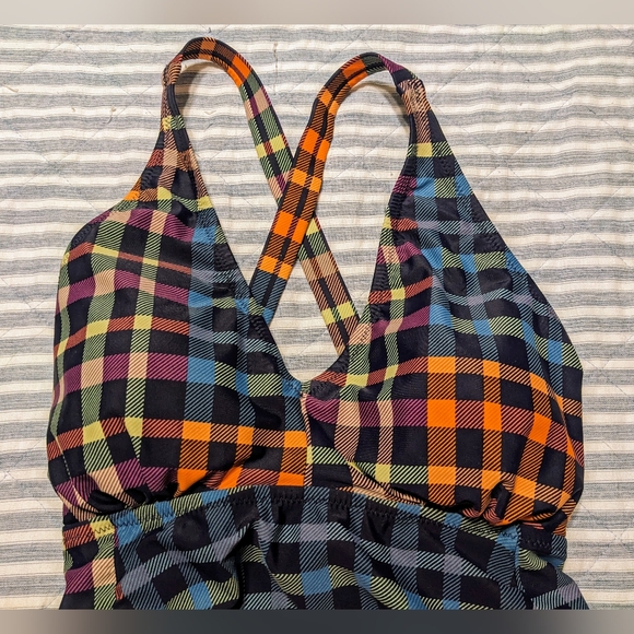 Motherhood Maternity Checkered One Piece Cross Strap Bathing Suit Orange Blue M - Picture 7 of 11